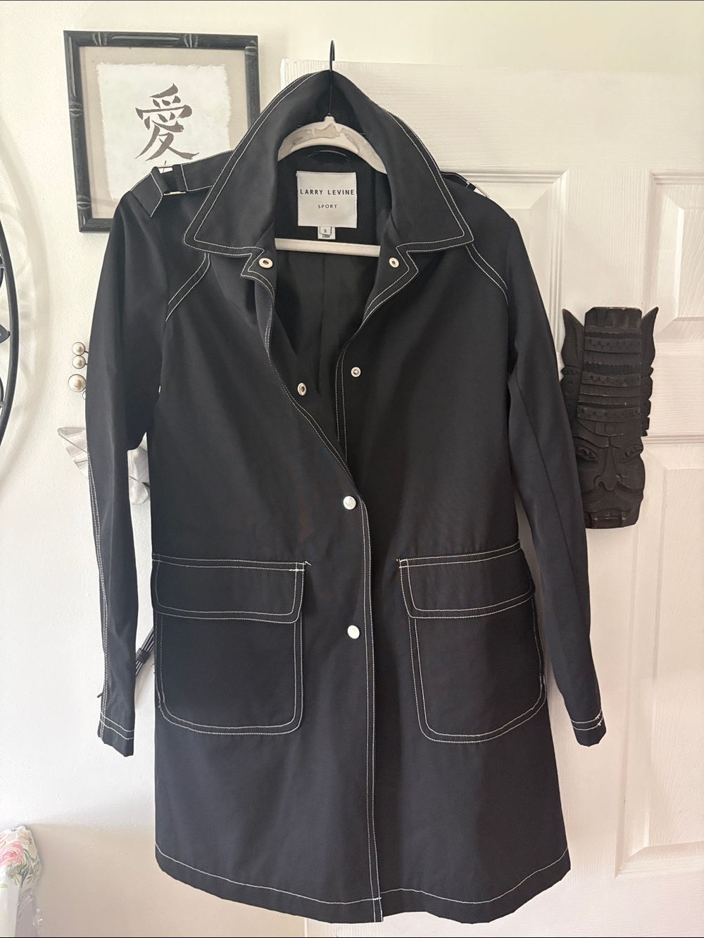 Larry Levine Black Trench Coat with White Topstitching